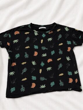 Pull&Bear Black Tee with Green Cactus and Rust Motif